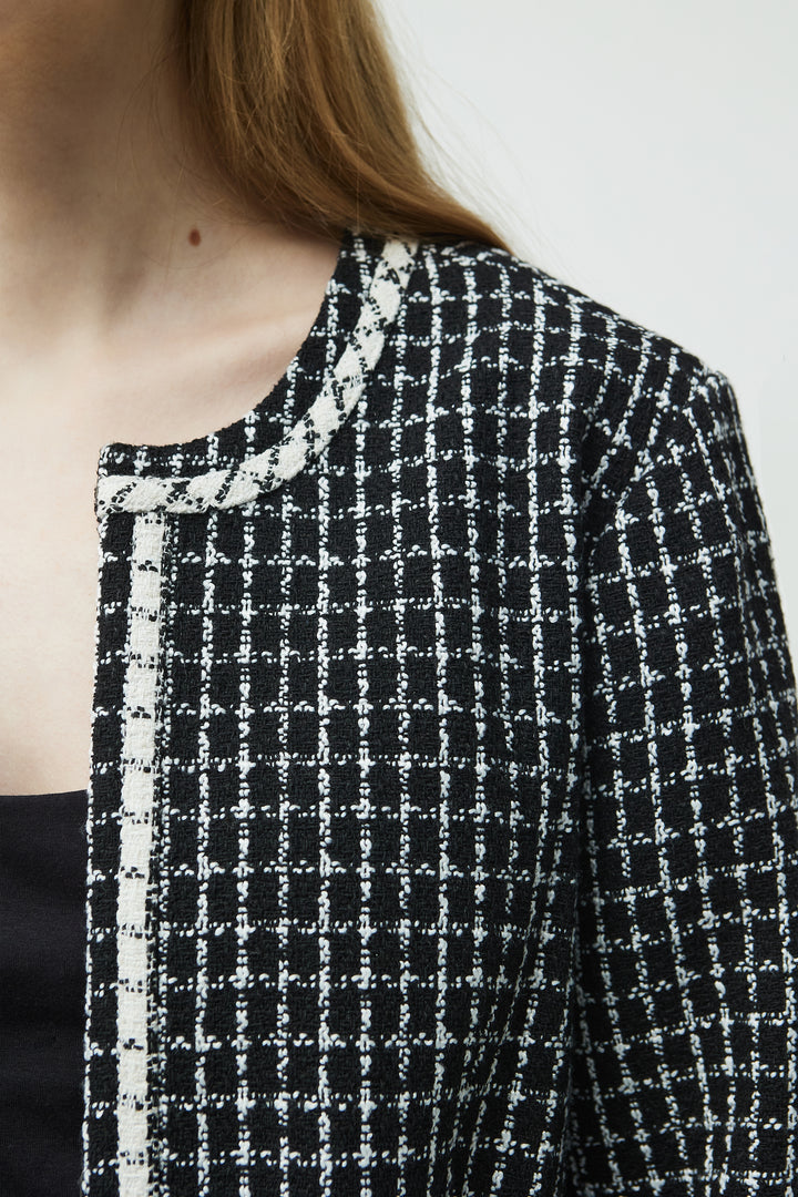 TWEED COLLARLESS BLAZER in Black Cream Grid — alternate angle