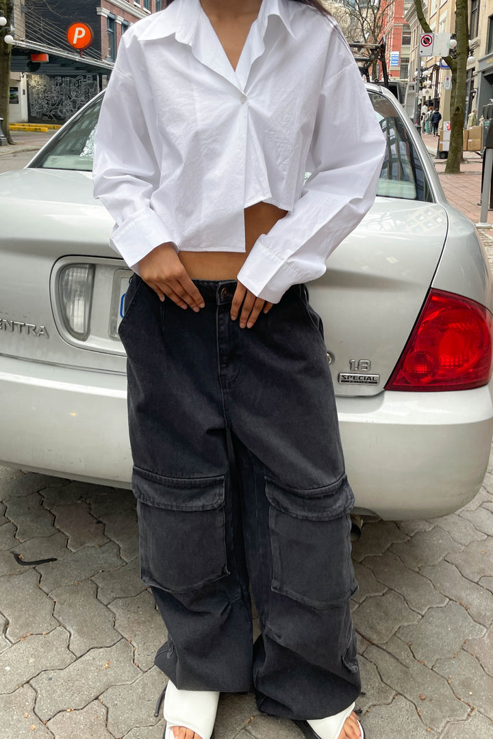 CROPPED ASYMMETRICAL HEM SHIRT in White — alternate angle