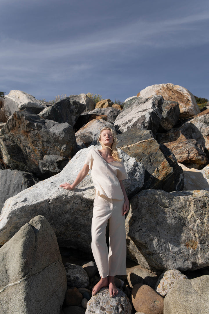 LINEN BLEND V-NECK BLOUSE in Oatmeal — alternate angle