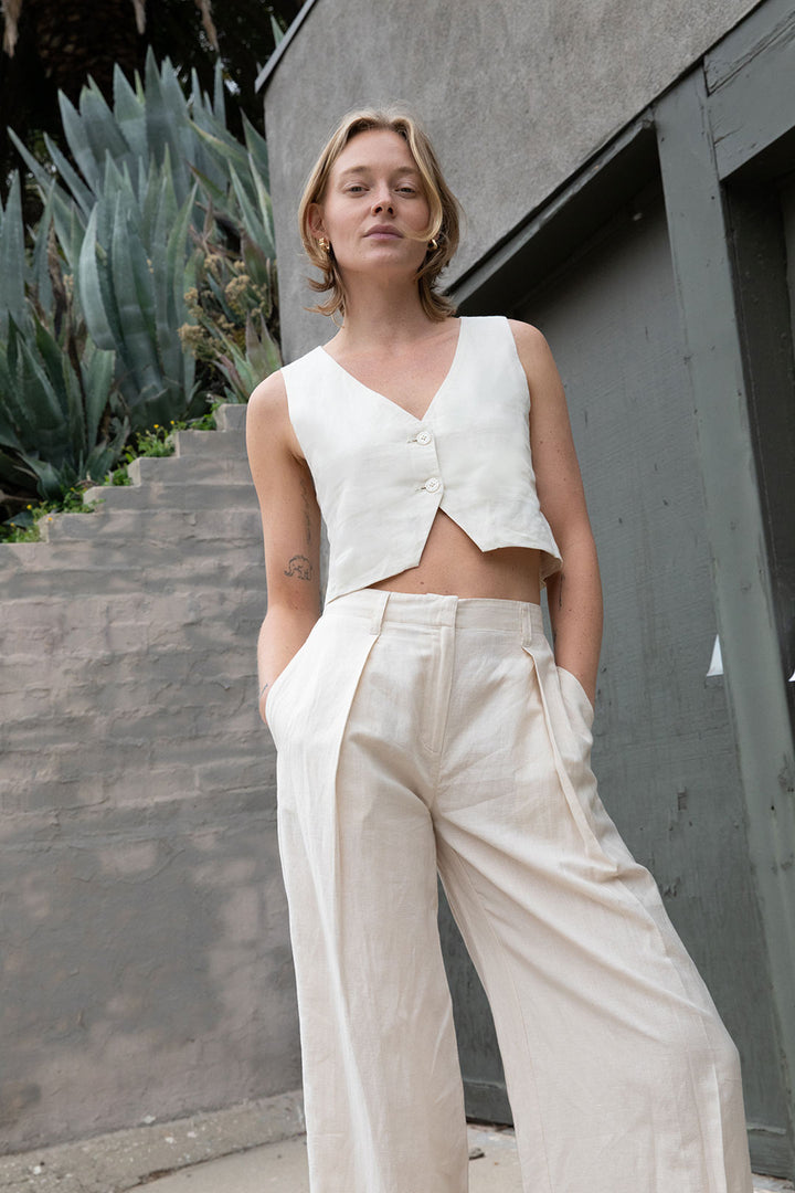 LINEN BLEND SUITING VEST in Almond Milk — alternate angle