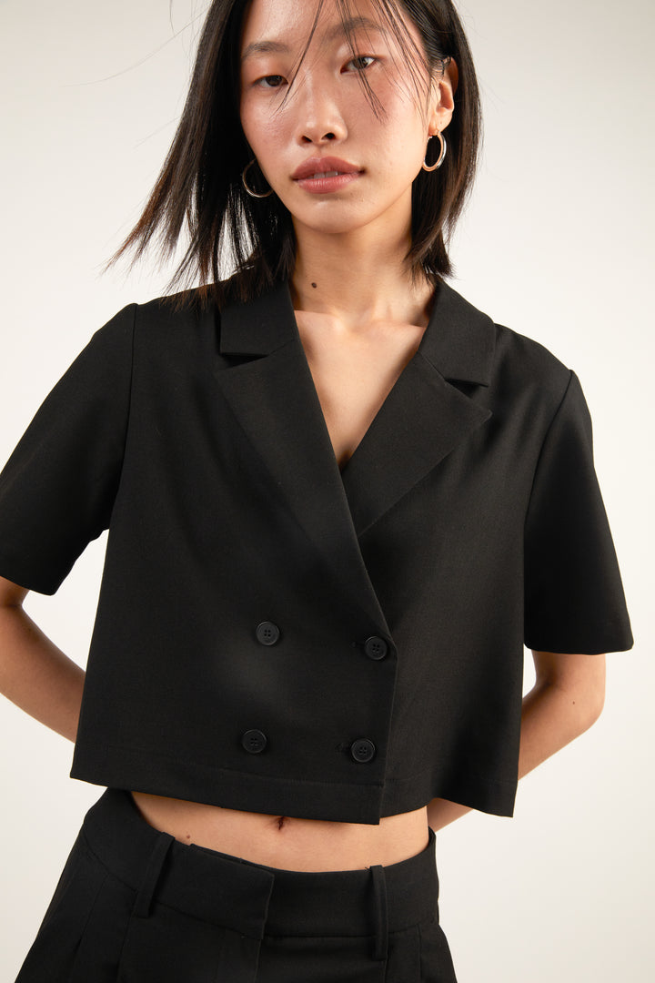 DOUBLE-BREASTED CROPPED BLOUSE in Black — alternate angle