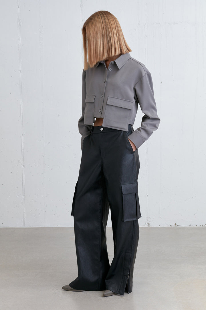 CROPPED COLLARED SHIRT in Steel Grey — alternate angle