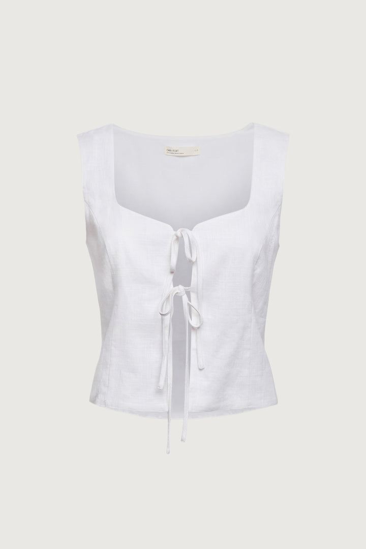 LINEN BLEND TIE FRONT TANK TOP in White — alternate angle