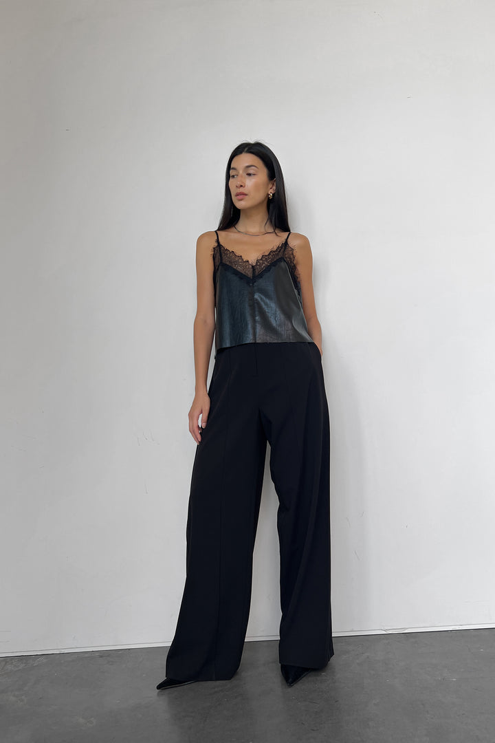 VEGAN LEATHER TANK WITH LACE in Black — alternate angle