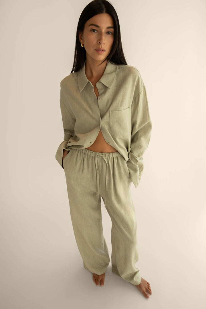 LINEN BLEND SHIRT in Moss Grey — alternate angle