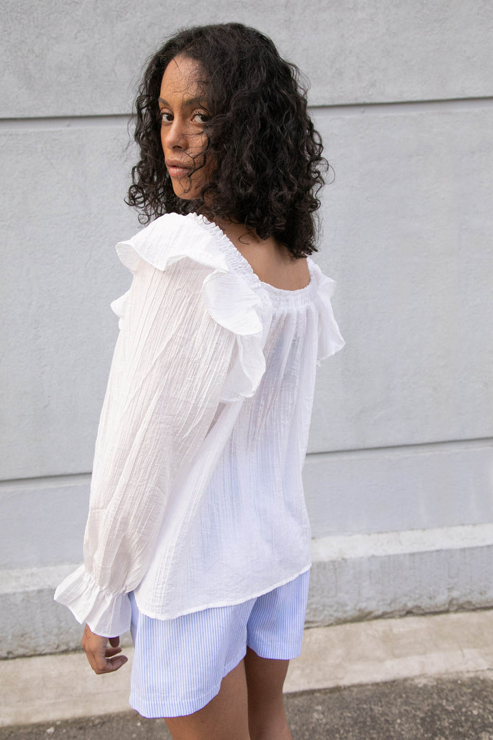 LONG SLEEVE RUFFLED BLOUSE in White — alternate angle
