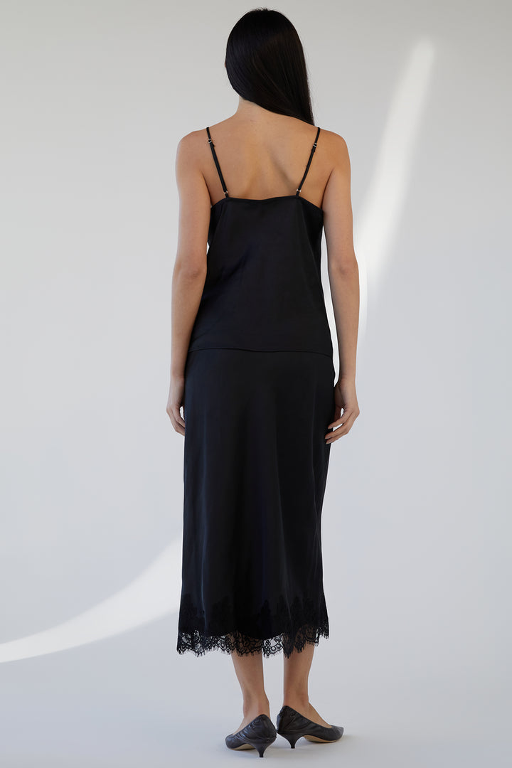 LACE TRIM SATIN CAMISOLE TANK in Black — alternate angle