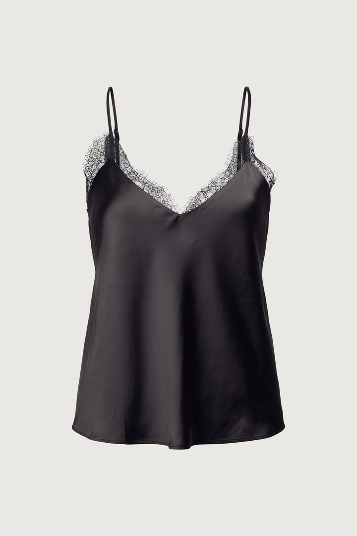 LACE TRIM SATIN CAMISOLE TANK in Black — alternate angle