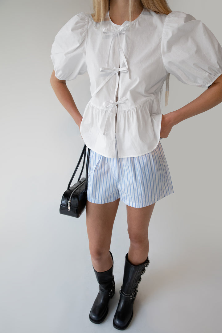 PUFF SLEEVE COTTON POPLIN BOW FRONT BLOUSE in White — alternate angle