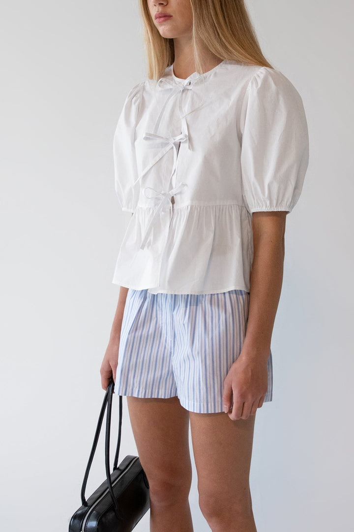 PUFF SLEEVE COTTON POPLIN BOW FRONT BLOUSE in White — alternate angle