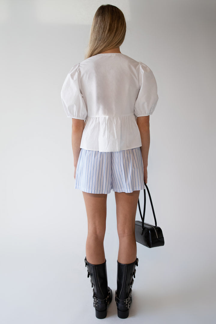 PUFF SLEEVE COTTON POPLIN BOW FRONT BLOUSE