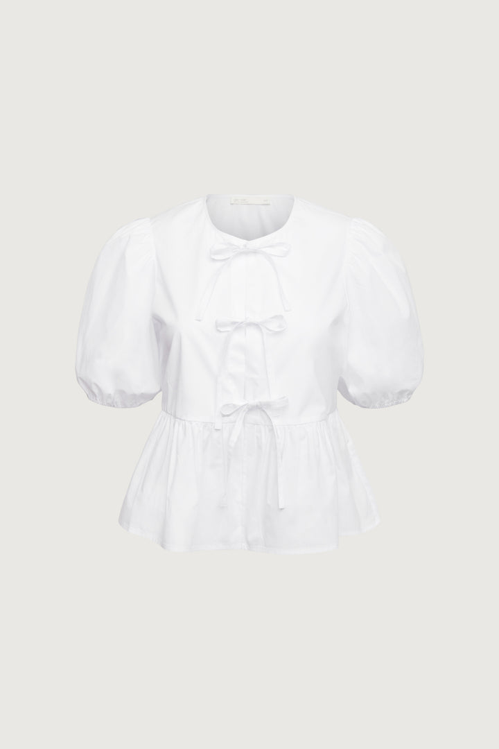 PUFF SLEEVE COTTON POPLIN BOW FRONT BLOUSE in White — alternate angle