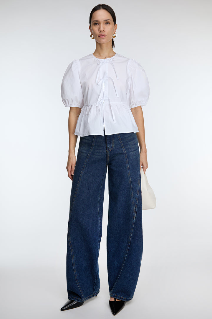PUFF SLEEVE COTTON POPLIN BOW FRONT BLOUSE in White — alternate angle