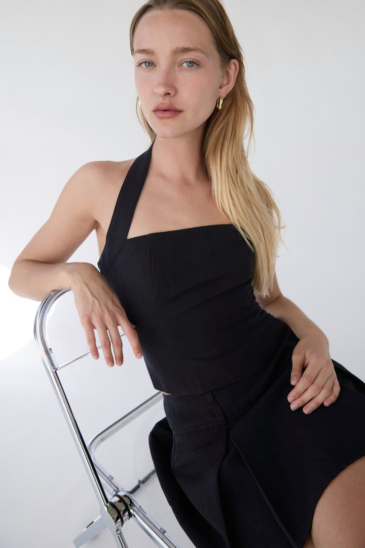 LINEN BLEND HALTER SQUARE NECK TOP in Black — alternate angle