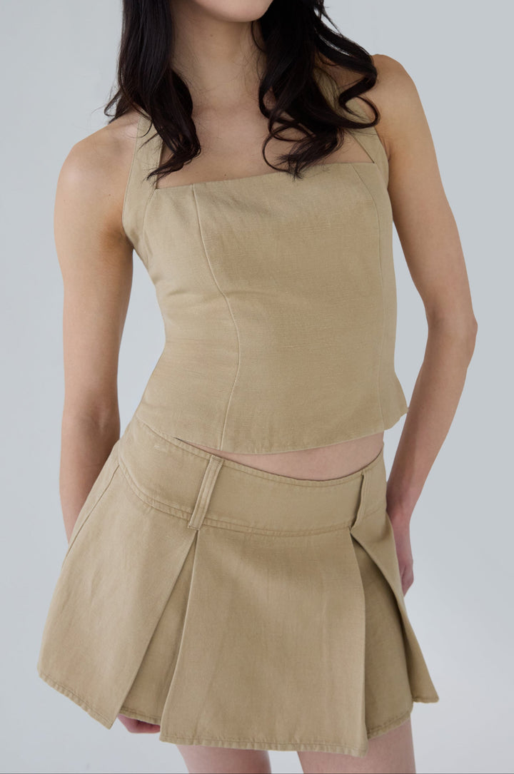 LINEN BLEND HALTER SQUARE NECK TOP in Incense — alternate angle