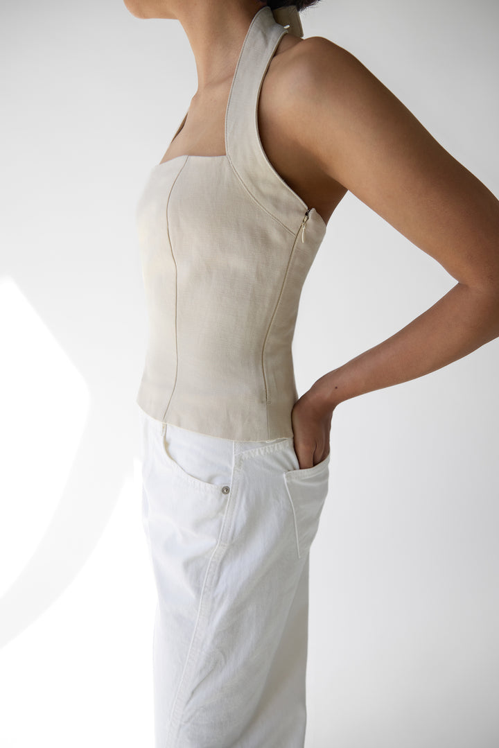 LINEN BLEND HALTER SQUARE NECK TOP in Seashell — alternate angle