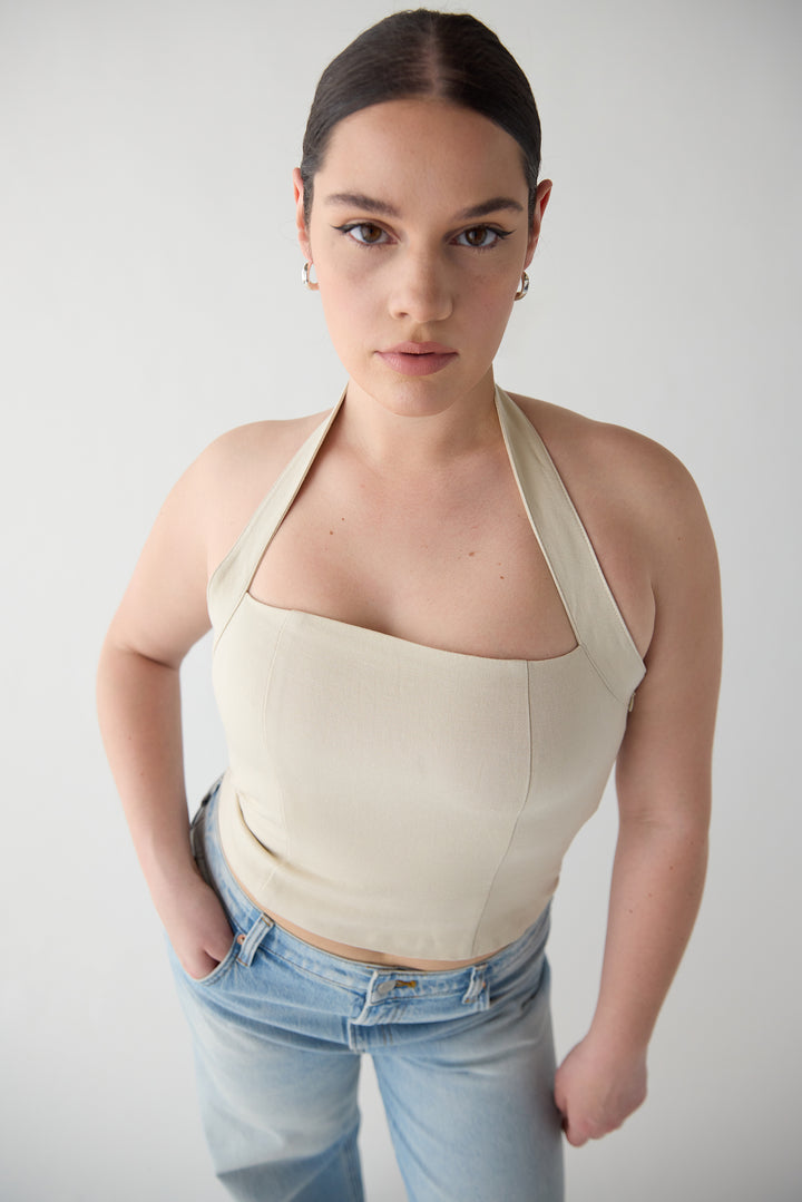 LINEN BLEND HALTER SQUARE NECK TOP in Seashell — alternate angle
