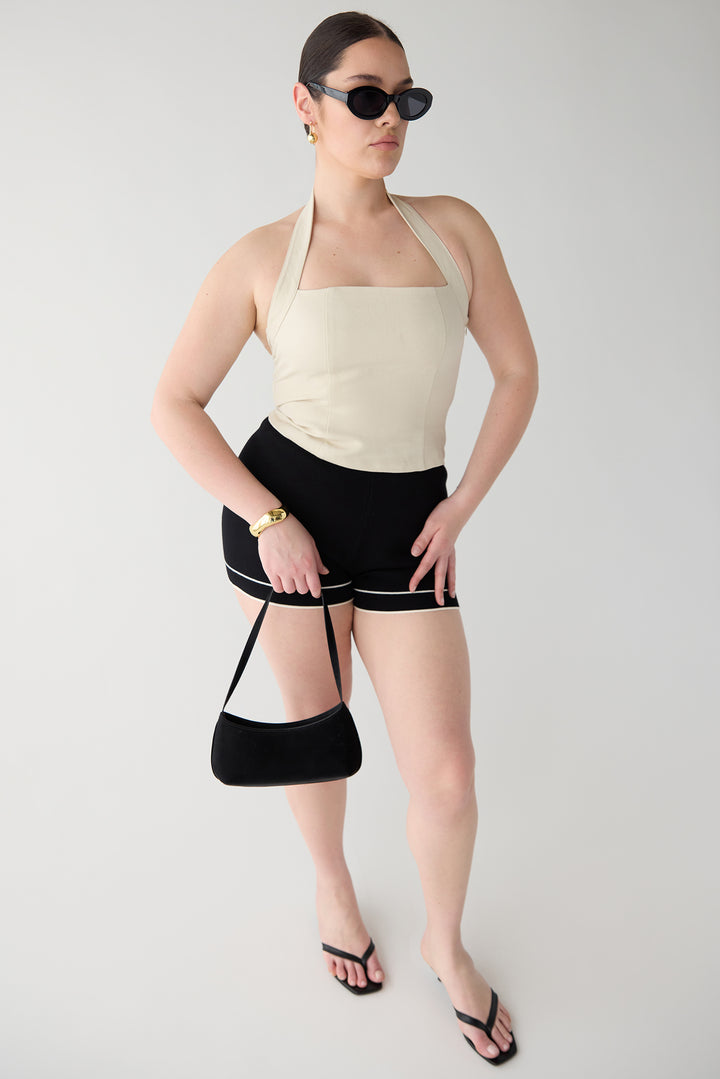 LINEN BLEND HALTER SQUARE NECK TOP in Seashell — alternate angle