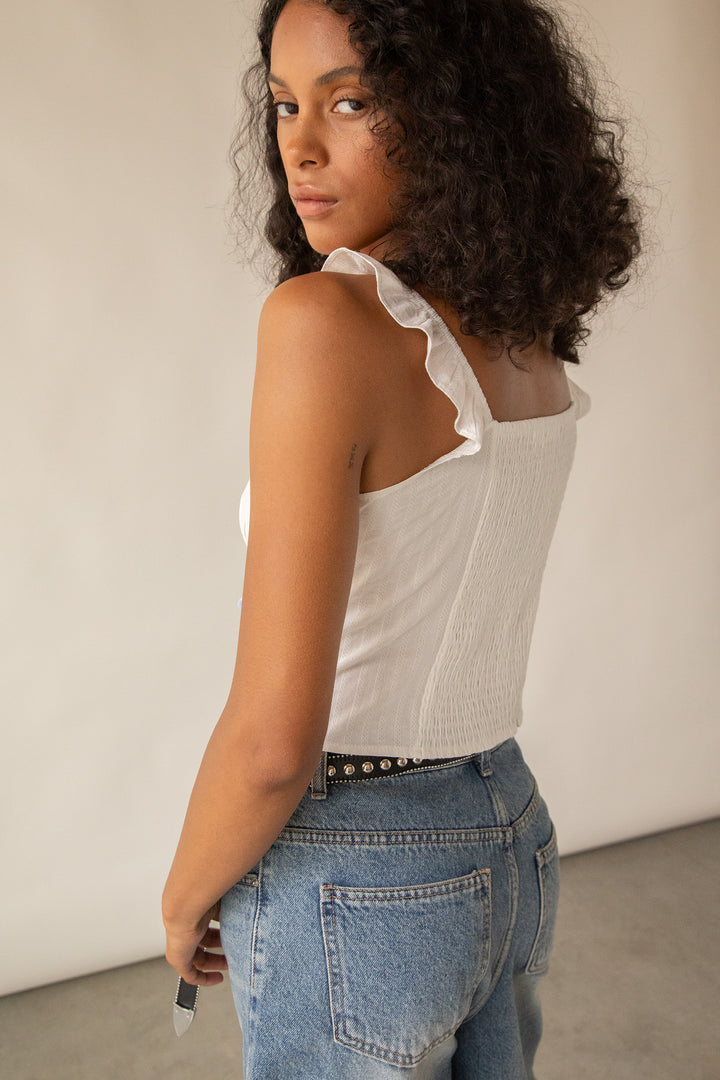 SMOCKED TOP WITH RUFFLE STRAPS in White — alternate angle