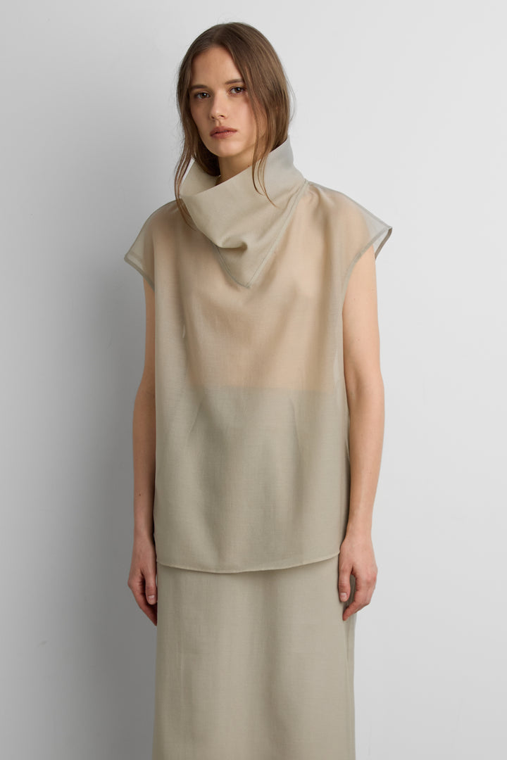 SHEER COWL NECK CAP SLEEVE BLOUSE in Olive — alternate angle
