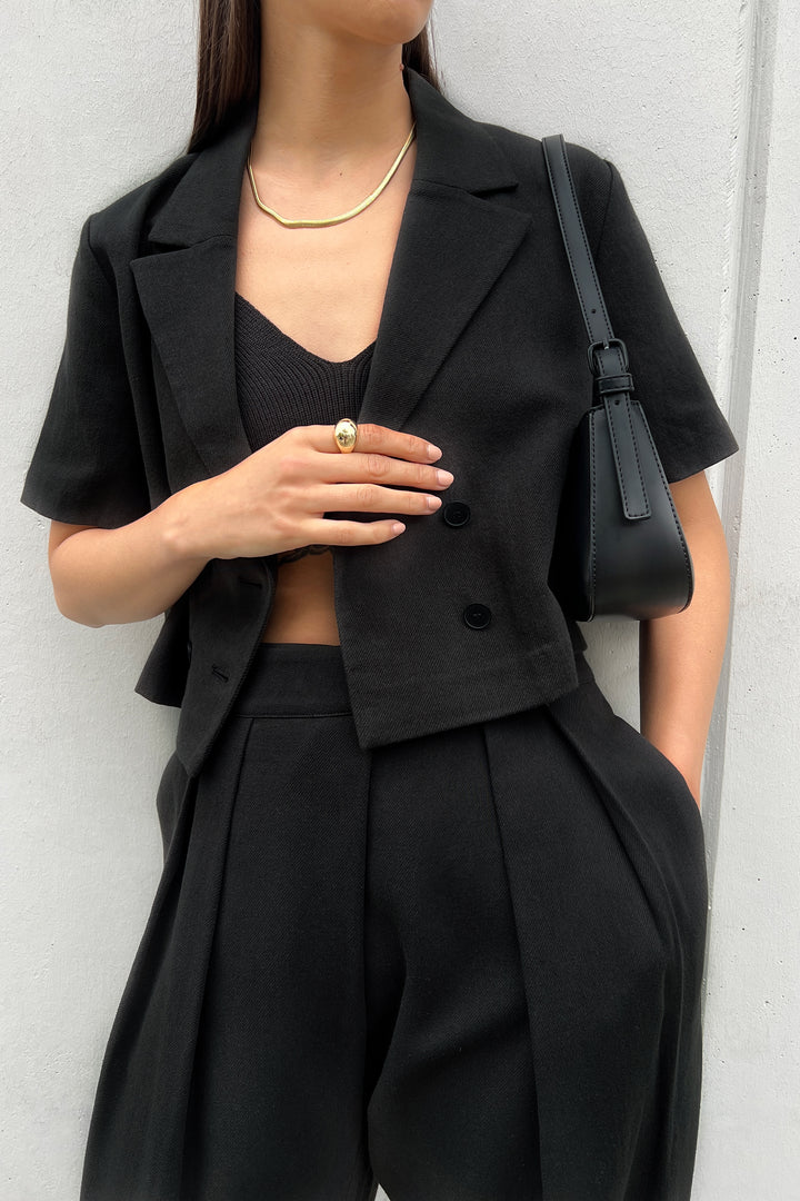 COTTON LINEN WOVEN TOP in Black — alternate angle