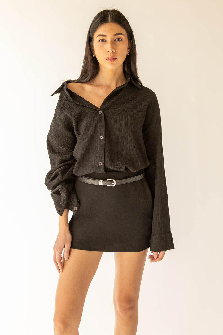 CRINKLE BUTTON UP in Black — alternate angle