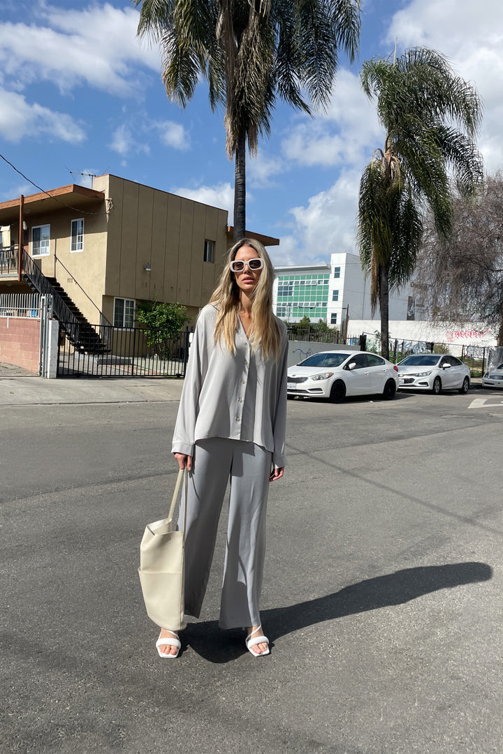 SATIN BUTTON UP BLOUSE in Storm — alternate angle