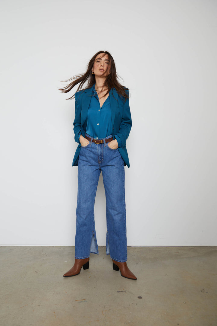 SATIN BUTTON-UP BLOUSE in Legion Blue — alternate angle