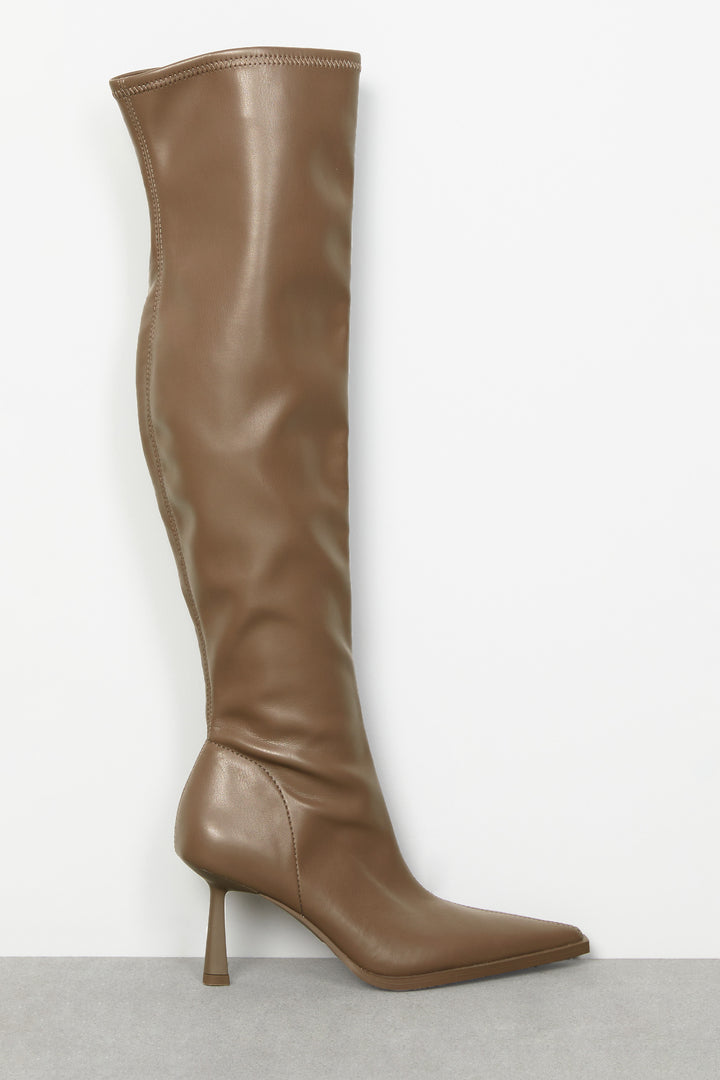 POINTED KNEE HIGH BOOTS in Dark Taupe — alternate angle