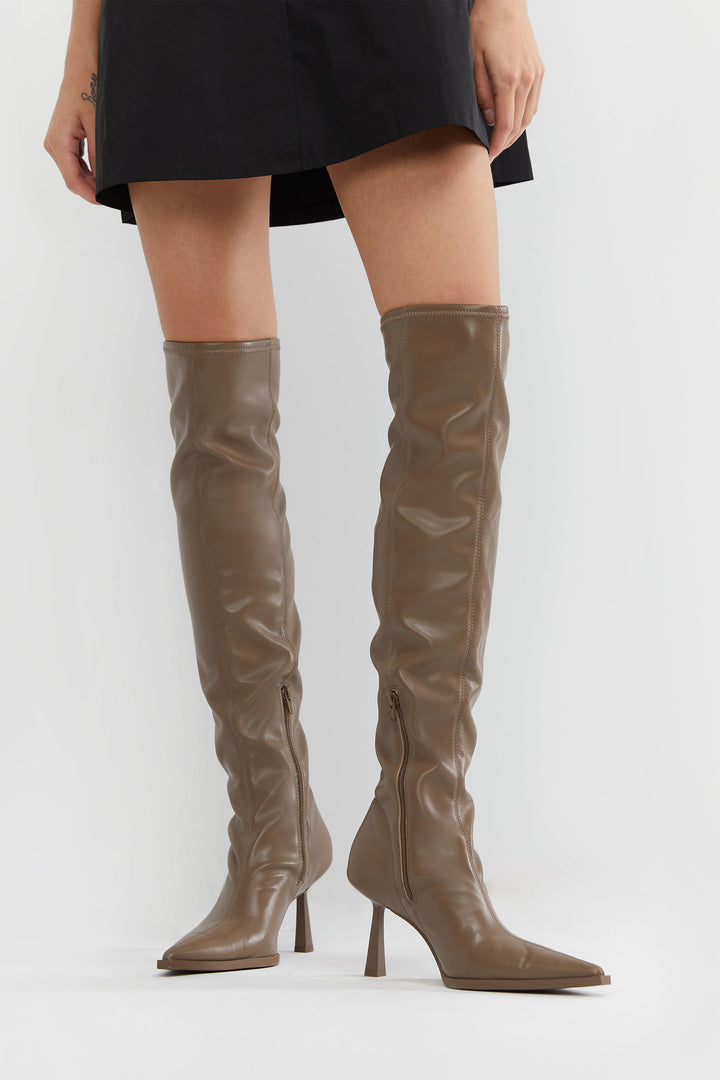 POINTED KNEE HIGH BOOTS in Dark Taupe — alternate angle