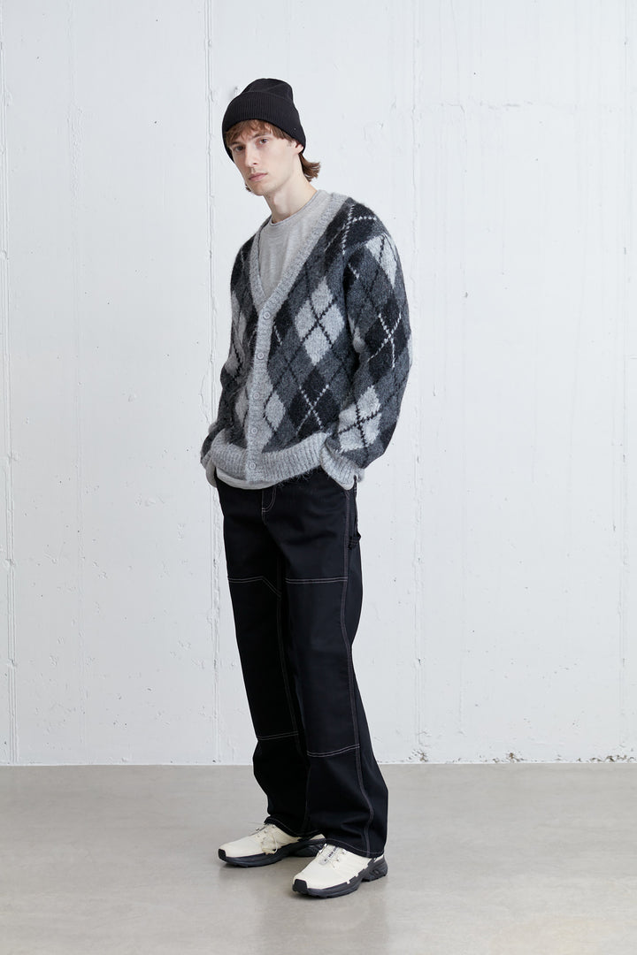 MOHAIR BUTTON UP CARDIGAN in Grey Argyle — alternate angle