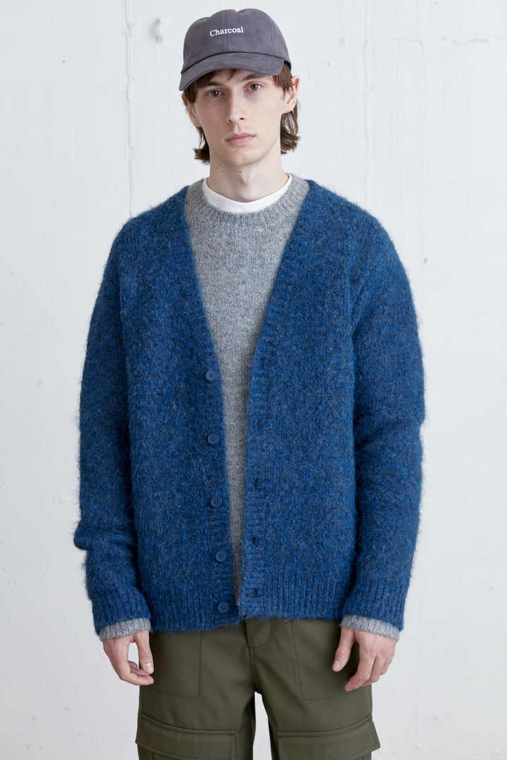 MOHAIR BUTTON UP CARDIGAN in Heather Navy Blazer — alternate angle