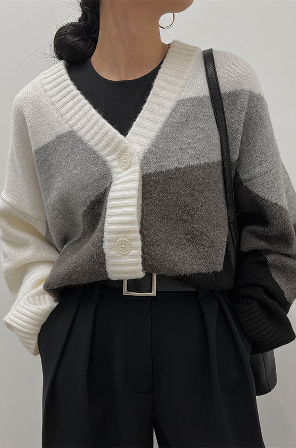 INTARSIA KNIT CARDIGAN in Heather Medium Grey — alternate angle