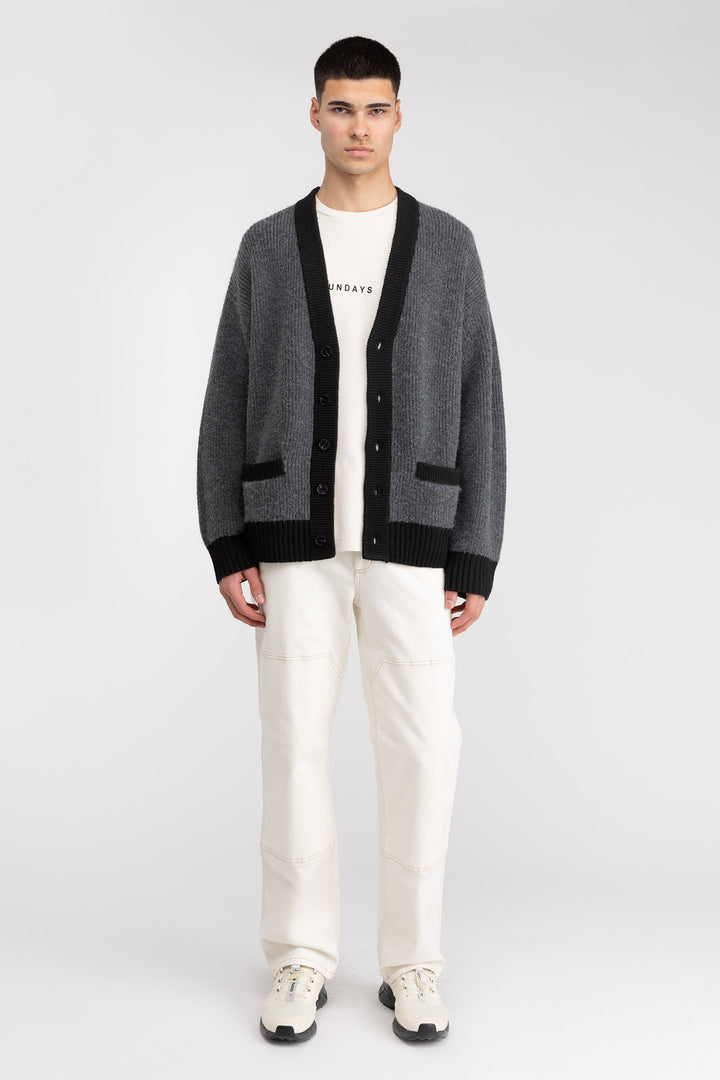 CONTRAST RIB BUTTON UP CARDIGAN in Heather Asphalt Black — alternate angle