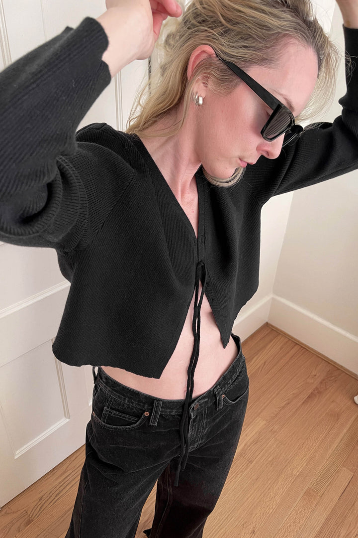 CROPPED LACE-UP CARDIGAN in Black — alternate angle