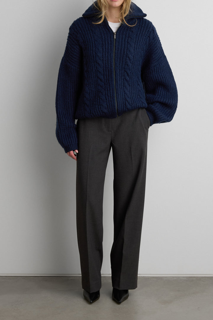 CABLE KNIT COLLARED CARDIGAN in Navy Blazer — alternate angle