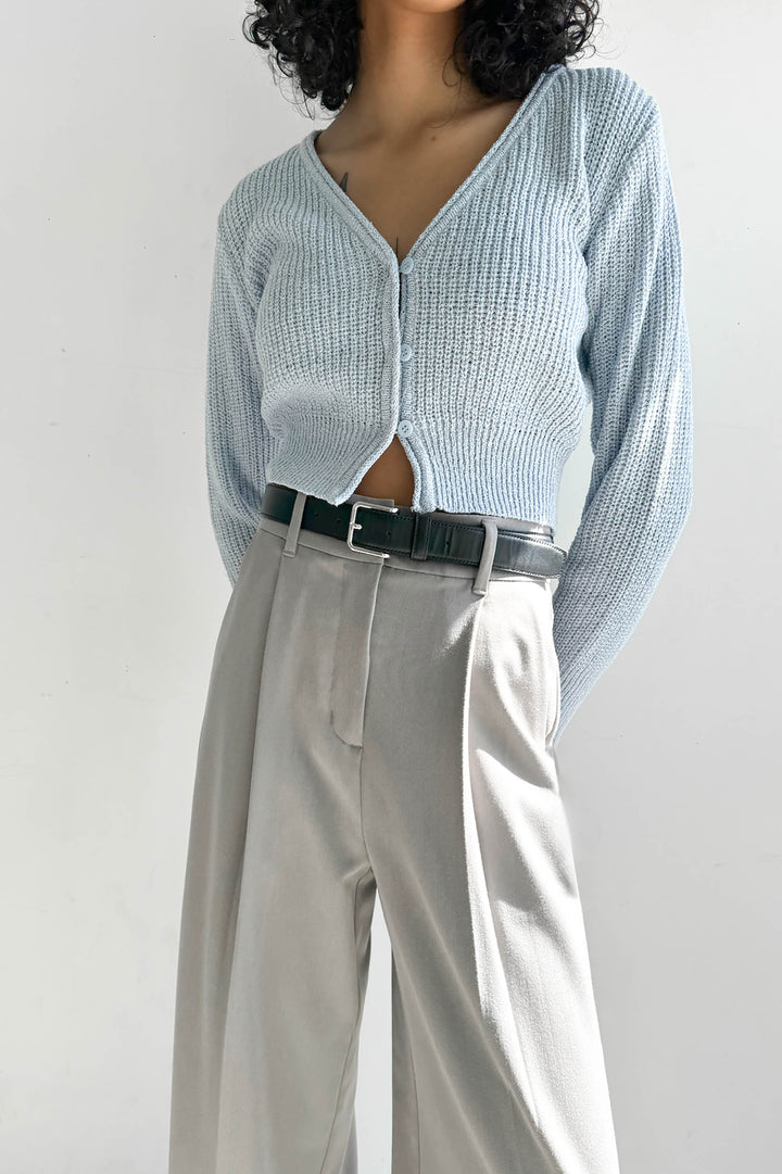 RIBBED BUTTON-FRONT CROPPED CARDIGAN in Sky Blue — alternate angle