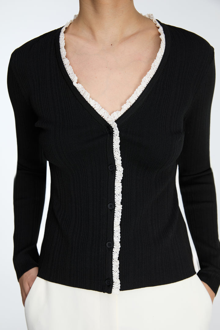 LACE TRIM BUTTON FRONT CARDIGAN in Black — alternate angle
