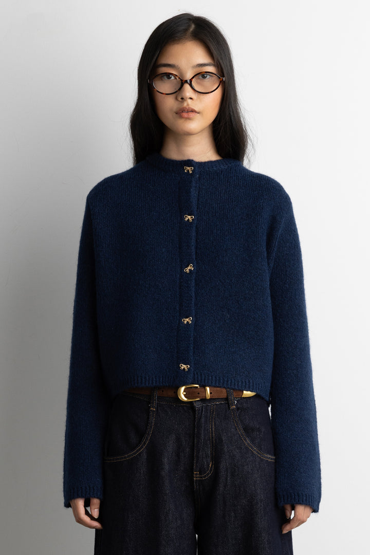 BOW BUTTON FRONT WOOL-BLEND CARDIGAN