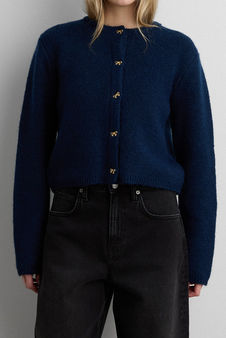 BOW BUTTON FRONT WOOL-BLEND CARDIGAN in Navy Blue — alternate angle