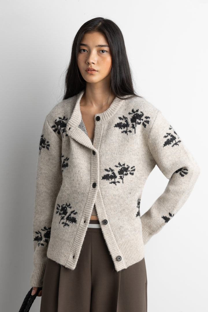FLORAL JACQUARD WOOL BLEND CARDIGAN