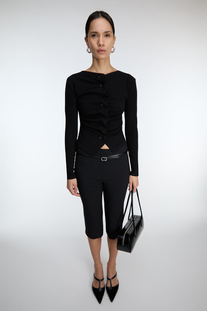 RUFFLE PLACKET BUTTON UP CARDIGAN in Black — alternate angle