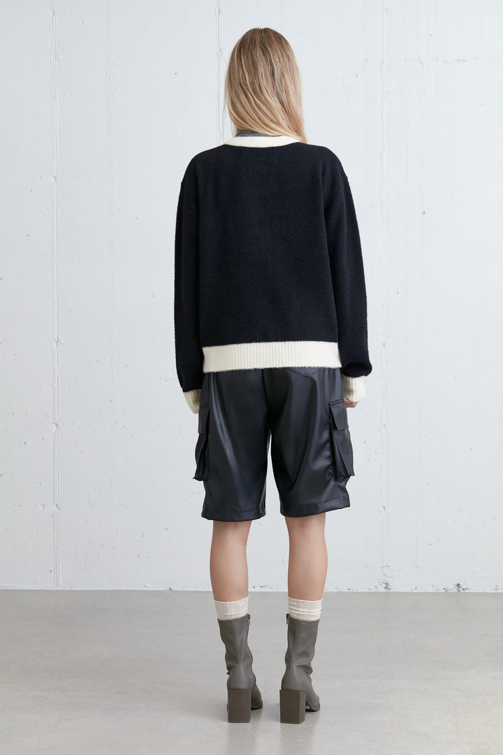 FUZZY COLOUR BLOCK CARDIGAN in Black Cream — alternate angle