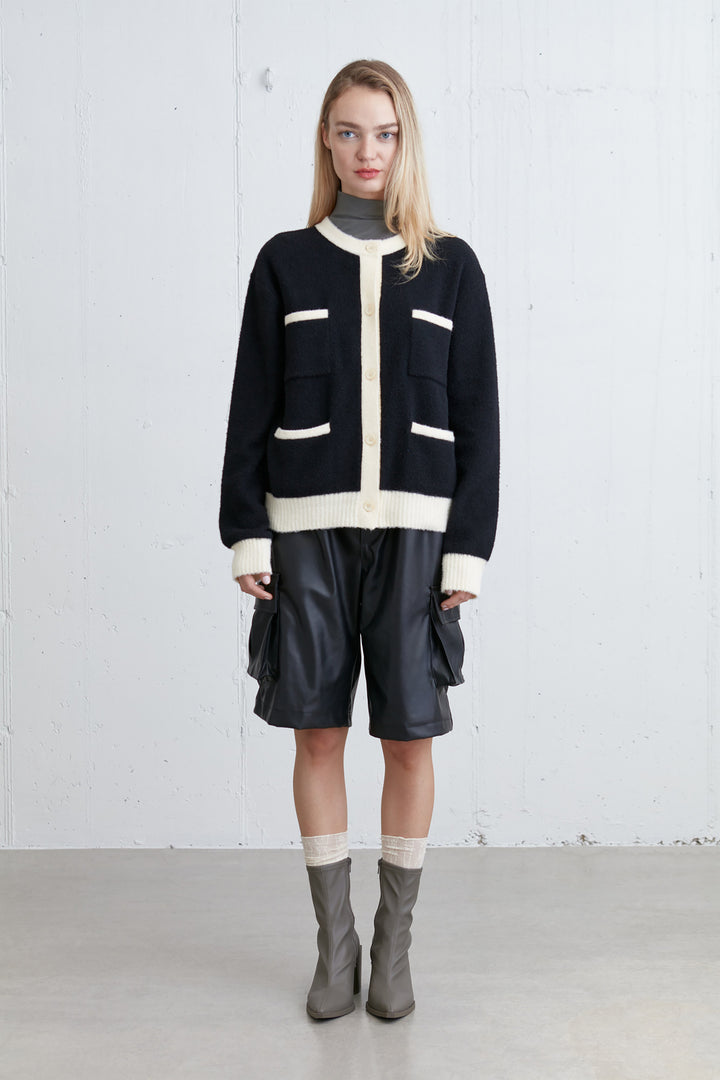 FUZZY COLOUR BLOCK CARDIGAN in Black Cream — alternate angle