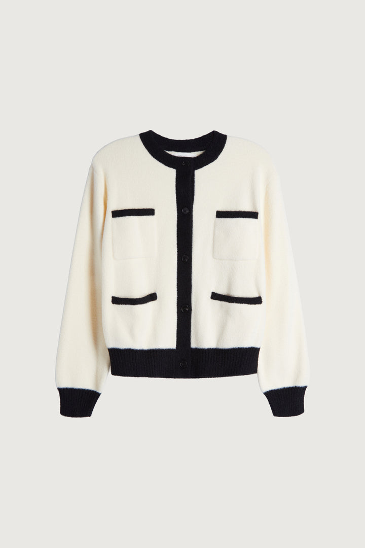 FUZZY COLOUR BLOCK CARDIGAN in Black Cream — alternate angle