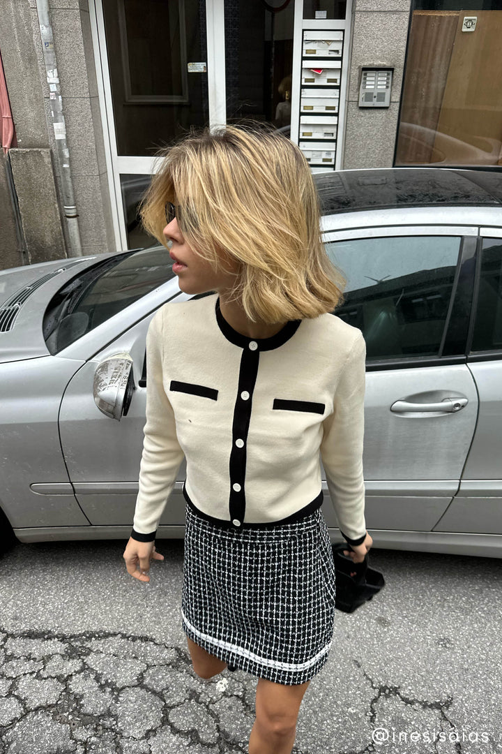 CROPPED CONTRAST TRIM CARDIGAN in Cream Black — alternate angle