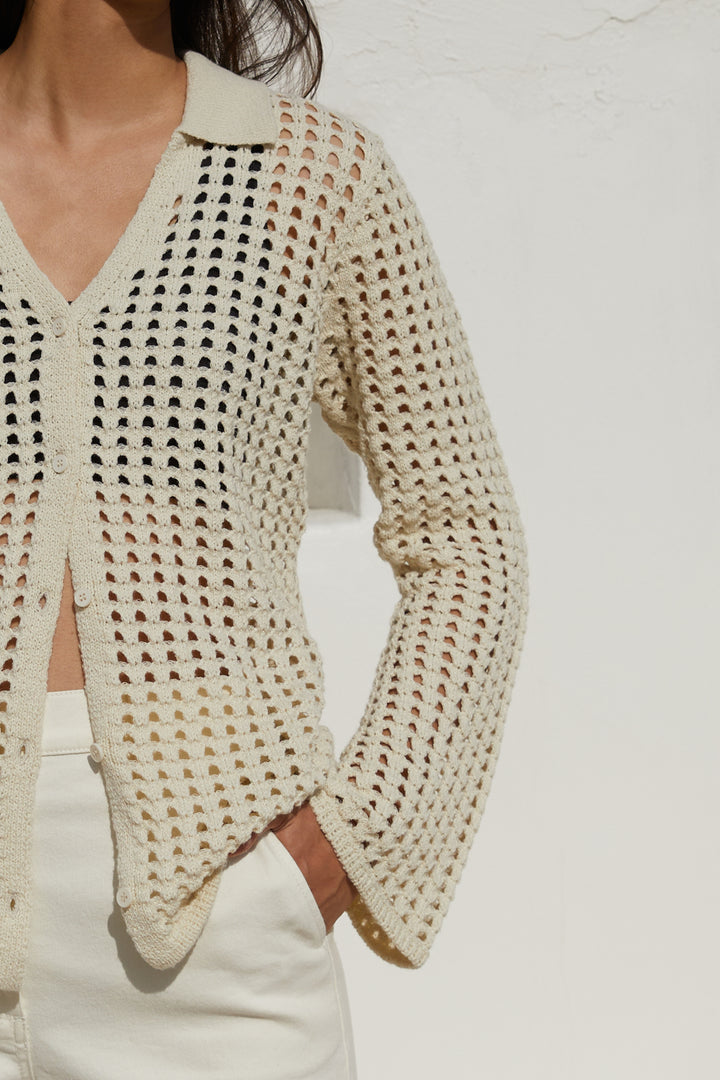 CROCHET BUTTON-UP CARDIGAN in Seedpearl — alternate angle