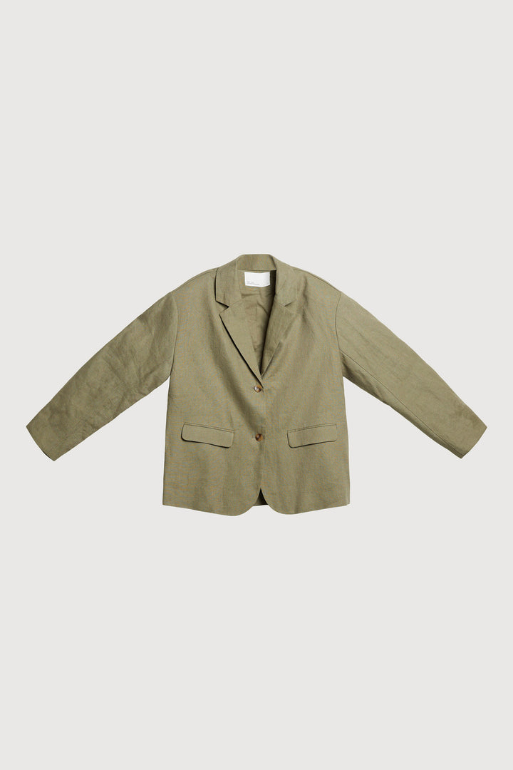 100% LINEN RELAXED FIT BLAZER in Dark Aloe — alternate angle