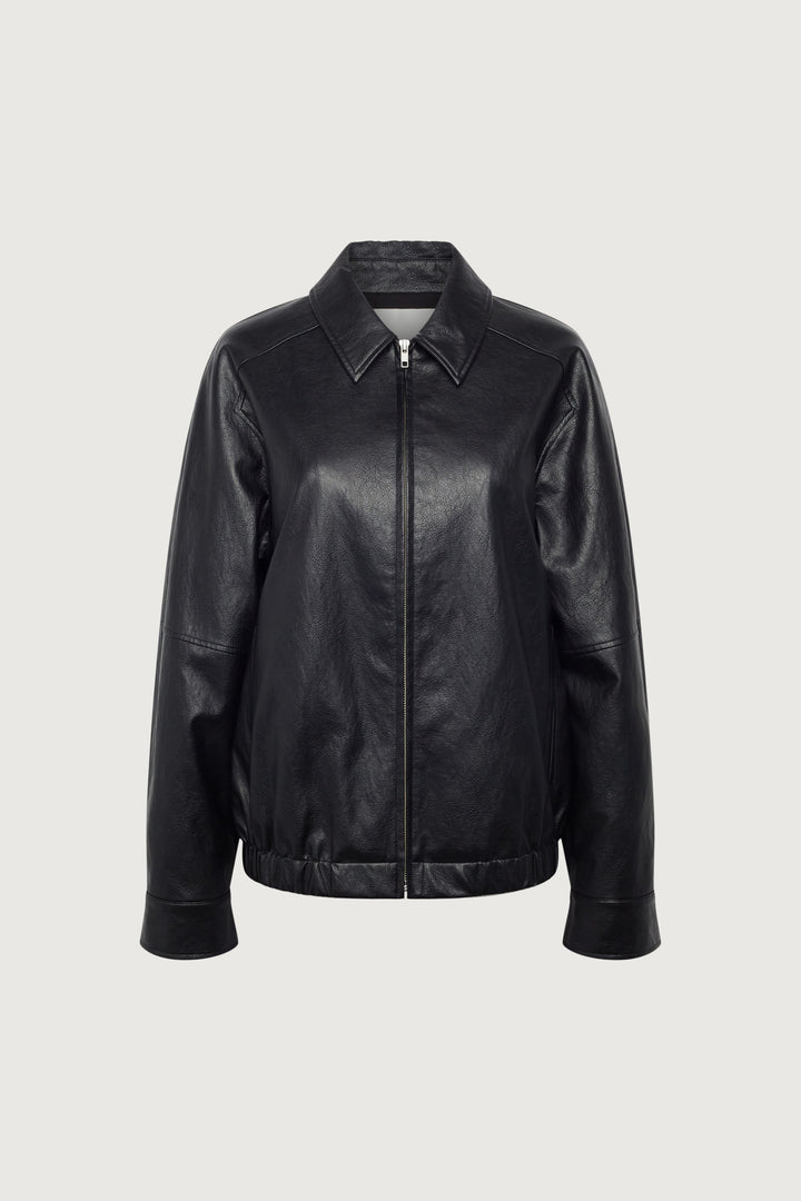VEGAN LEATHER BOMBER JACKET in Black — alternate angle