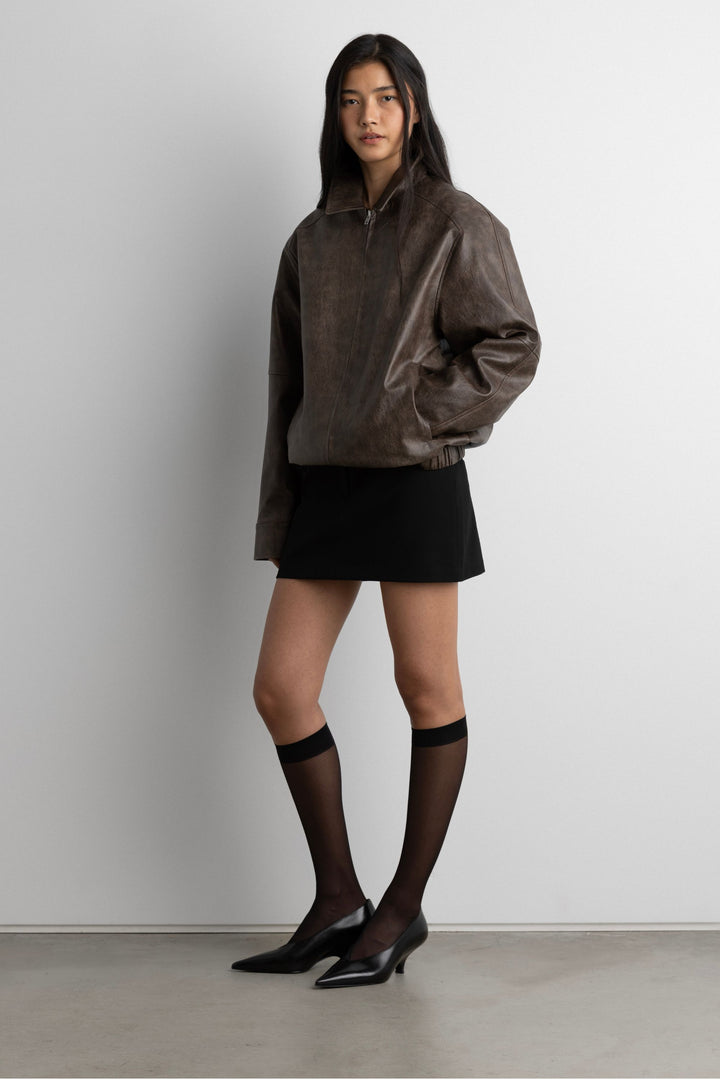 VEGAN LEATHER BOMBER JACKET in Brown — alternate angle